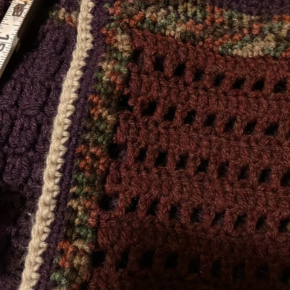 Handmade knit and crochet granny square wool  afghan 58” square